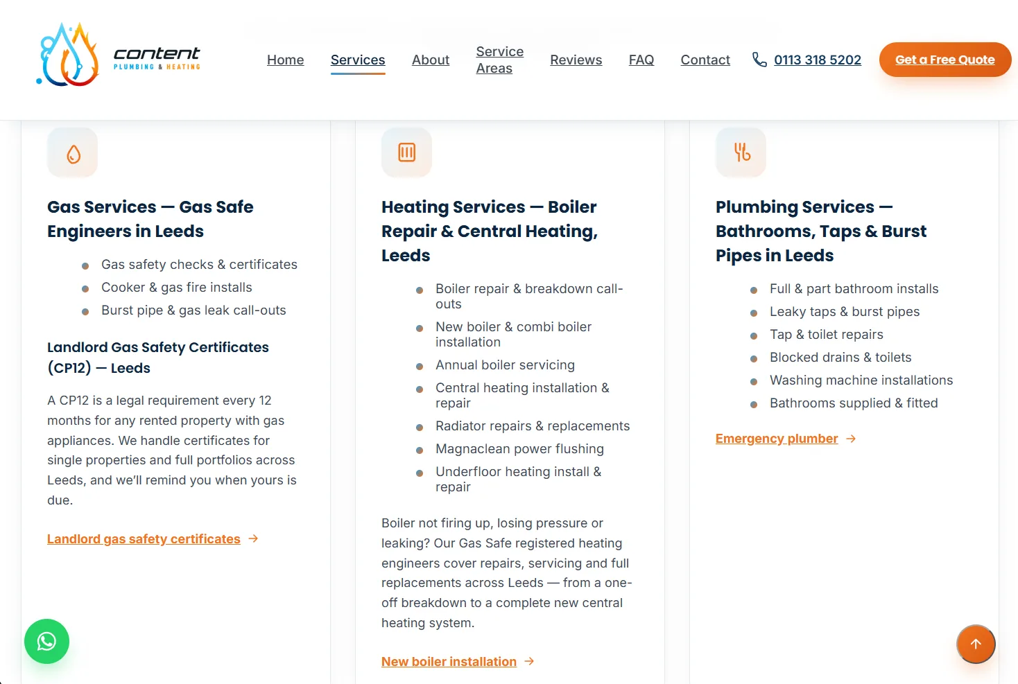 The new services section, split into gas, heating and plumbing