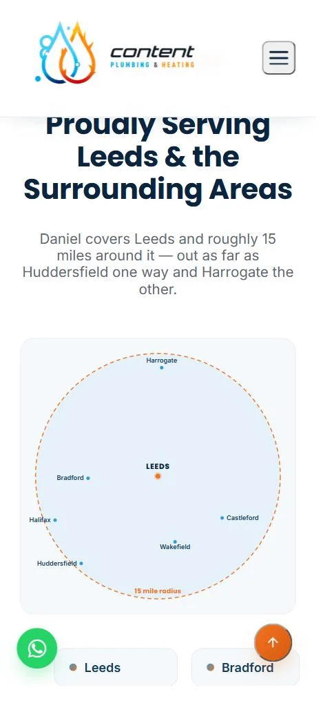 Map showing a 15-mile radius around Leeds with Bradford, Halifax, Huddersfield, Wakefield, Castleford and Harrogate marked