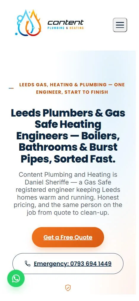 The new homepage on a mobile phone, showing the headline, a free quote button and the emergency number
