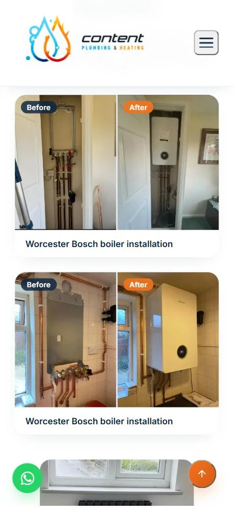 Two before-and-after photo pairs of boiler installations on a mobile phone