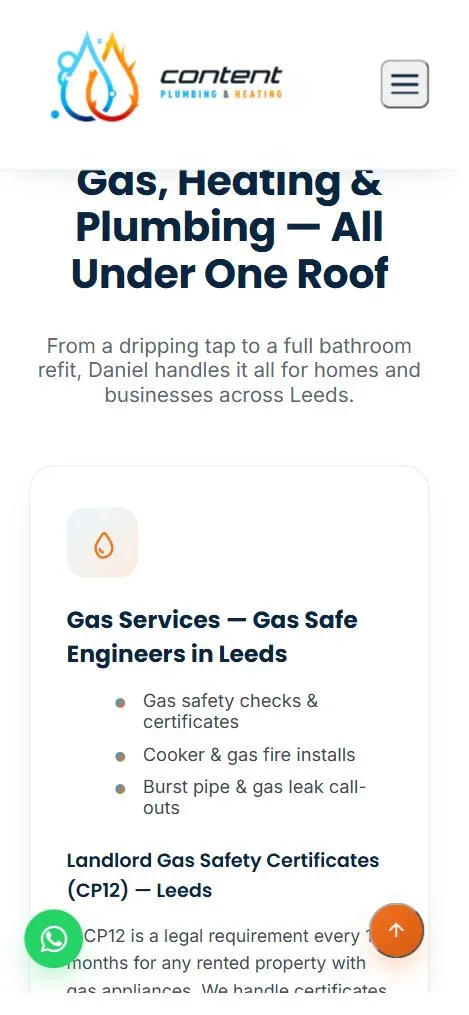 The services section on a mobile phone, split into gas, heating and plumbing
