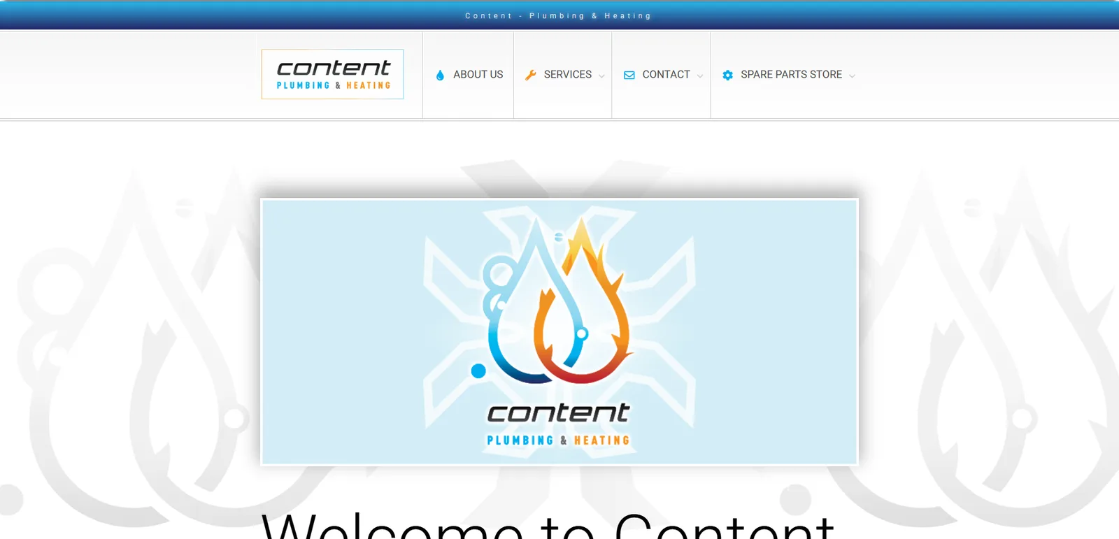 The previous Content Plumbing and Heating homepage, with a large logo banner and a menu across the top